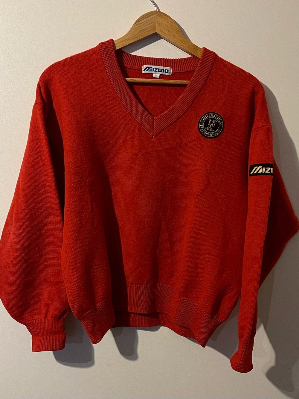 Vintage Mizuno International Skating Union V-Neck Wool Sweater Red M